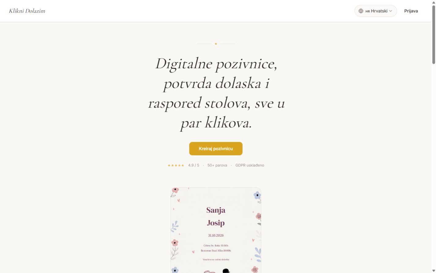 Klikni Dolazim public website presenting its digital wedding invitation platform